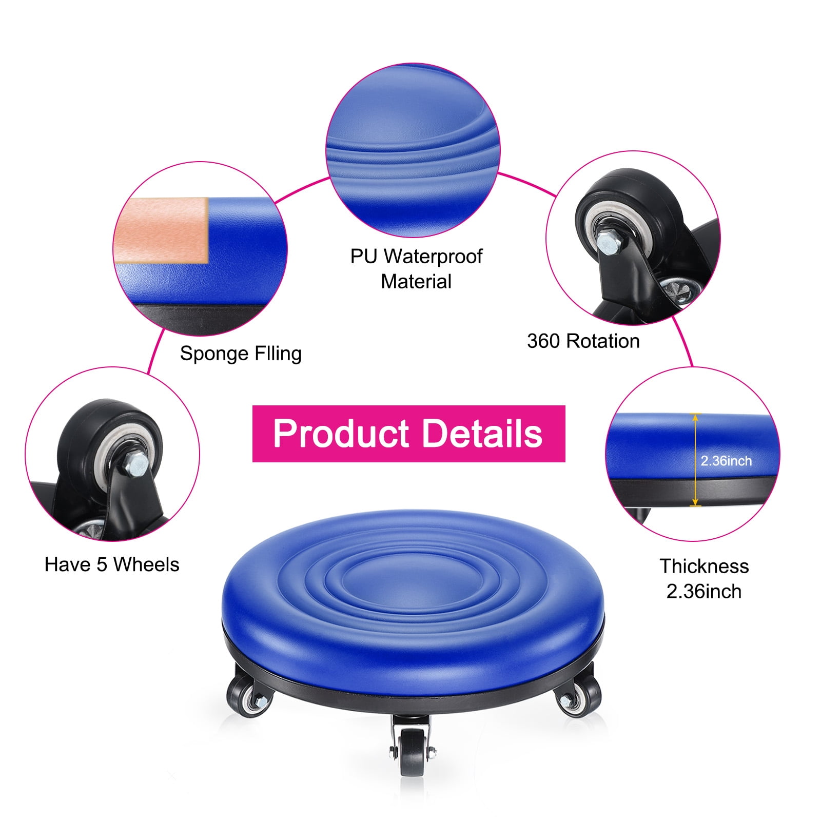 Unique Bargains Low Roller Seat Wheel Stool Chair PU Leather Rolling Stool Blue