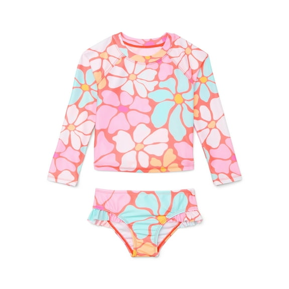 Wonder Nation Baby and Toddler Girls Long Sleeve Swim Rashguard and Swim Bottom Set, 2-Pcs