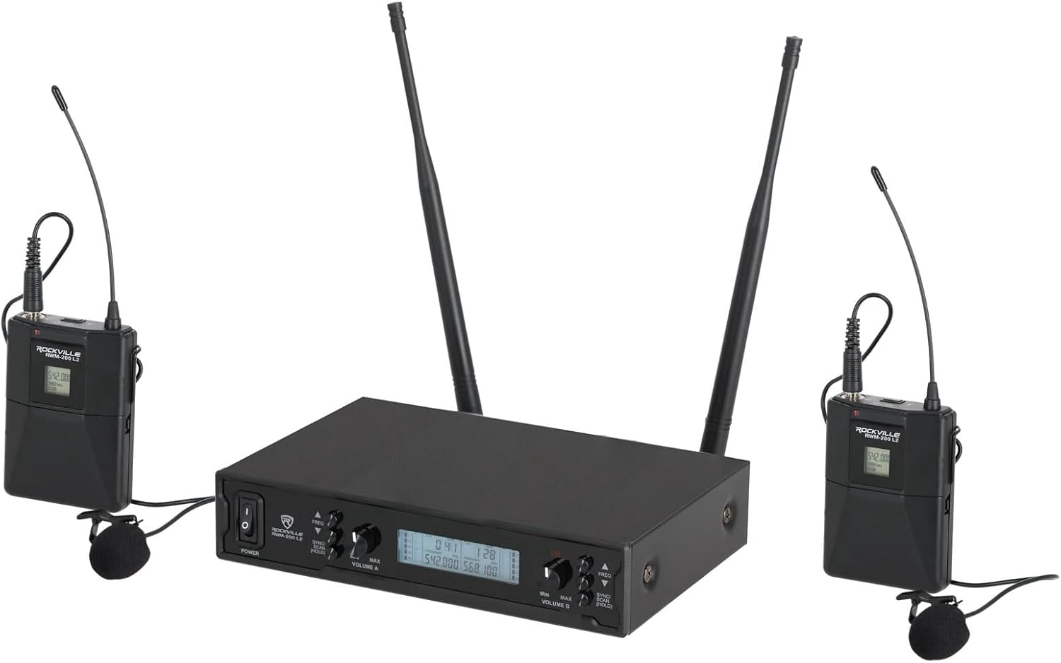 Rockville RWM-200 L2 Dual UHF Beltpack Wireless Microphone System, Lavalier & Headset Mics, 200 Channels, 3 Band EQ, Echo