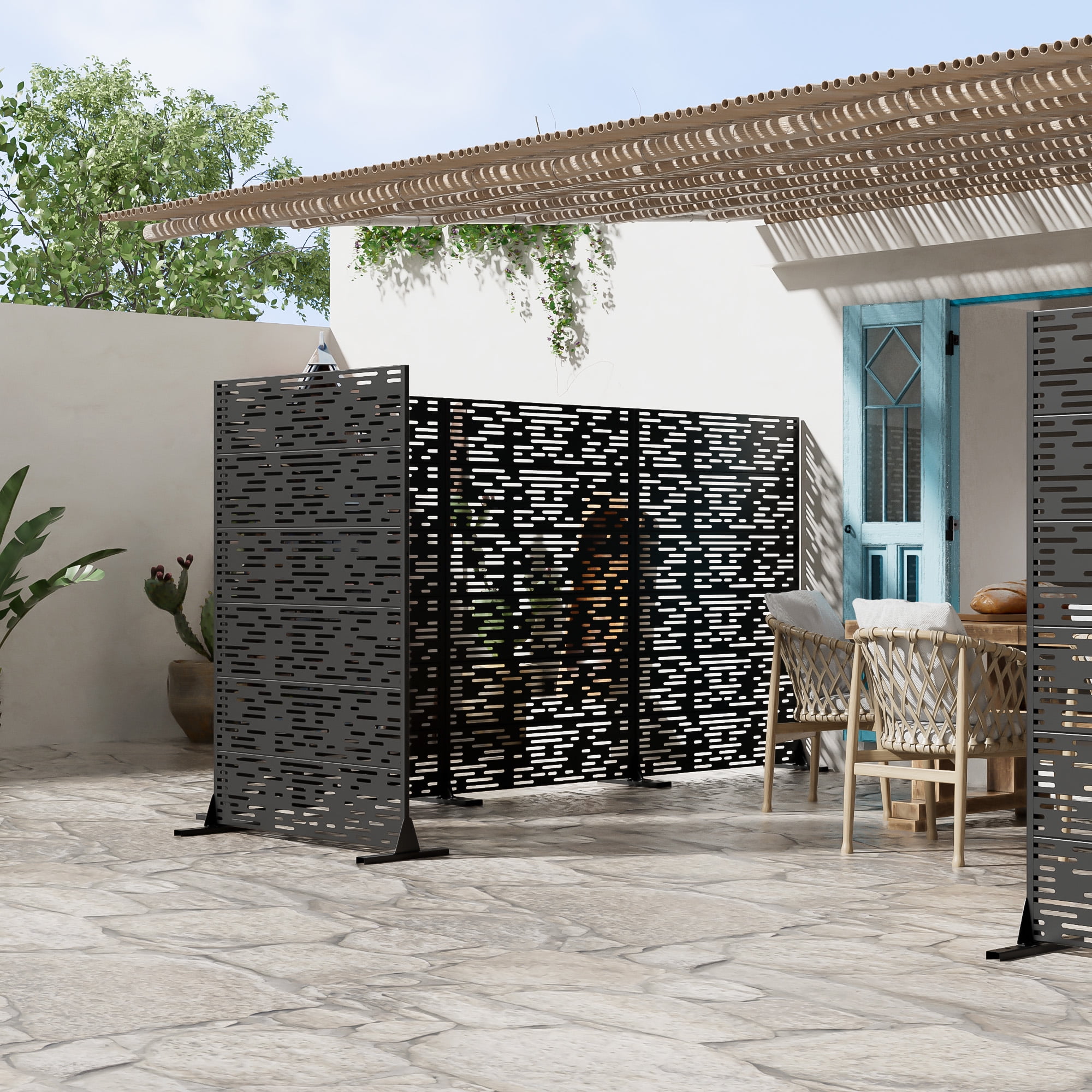 MAYEERTY 72 × 47in Outdoor Privacy Screen with Stand Metal Balcony Decorative Screen, Black