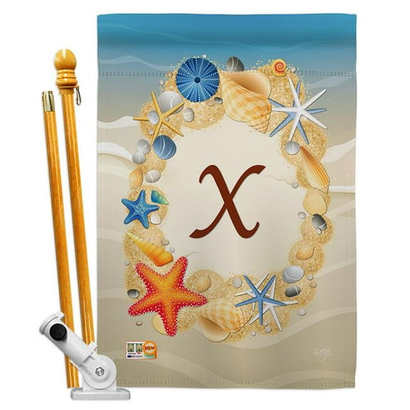 Breeze Decor BD-BN-HS-130180-IP-BO-D-US14-BD 28 x 40 in. Summer X Initial Coastal Beach Impressions Decorative Vertical Double Sided House Flag Set & Pole Bracket Hardware