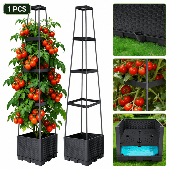 Tomato Cage Planter Box, 55IN Tomato Trellis with 17L Raised Garden Bed, Heavy Duty Plant Support Stakes for Climbing Vegetables, Flowers & Fruits, Outdoor Patio Garden, 1 Pack
