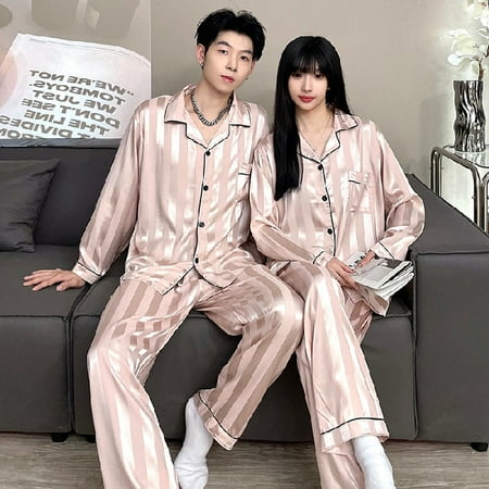 

DanceeMangoo Young Lover Pajamas Set Satin Women Long-sleeved Spring Autumn Pyjama Loose Men Couple Pijama Set Silk Sleepwear Top+ Men Pant