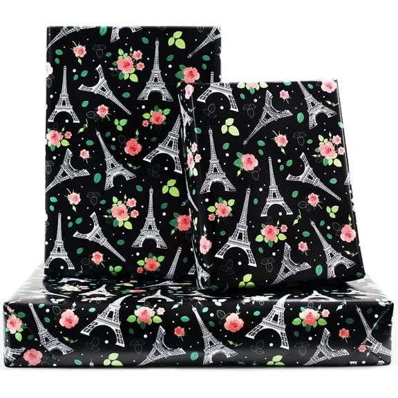 Eiffel Tower Wrapping Paper, Black Paris Eiffel Tower Flower Gift Wrapping Paper for Women Men Boys, 6 Sheets Folded Flat 20x28 inches per Sheet for Wedding, Mother's Day, Birthday Party