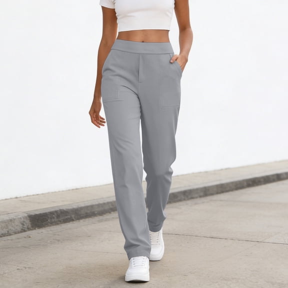 Women's Straight Leg Pants with Pockets, High Waisted Loose Fitting Loungewear Breathable Yoga Pants for Office Daily Casual Gray XL