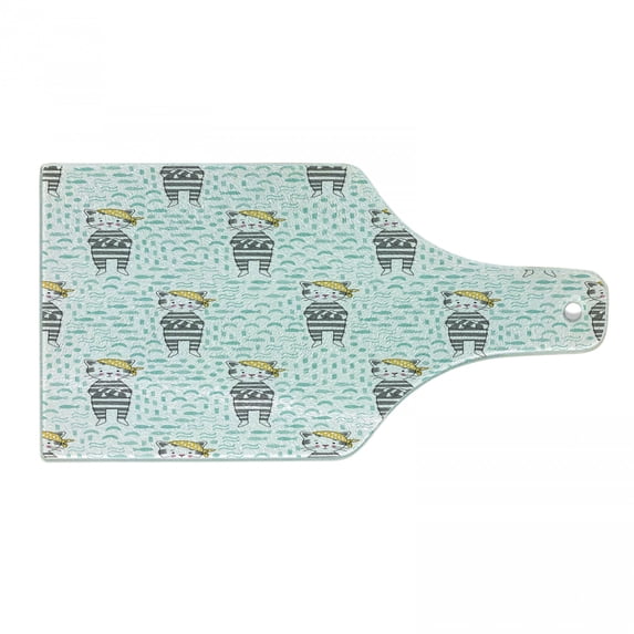 Cartoon Cutting Board, Kittens with Bandana on Pastel Toned Fishes and Waves Background, Decorative Tempered Glass Cutting and Serving Board, Wine Bottle Shape, Pale Green Yellow, by Ambesonne