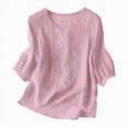 thumbnail image 2 of KPOPLK Women's Casual Linen Tops Short Sleeve Scoop Neck Summer Blouses Cotton Blend Breathable Lightweight Loose Fit Tee Shirts for Beach XXL,Pink, 2 of 8