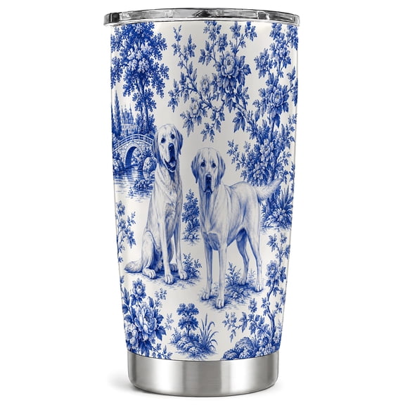 Labrador Retriever Garden Tumbler 20 oz, Floral Dog Travel Cup, Blue Scenic Drinkware with Vintage Nature Artwork, Stainless Steel Mug