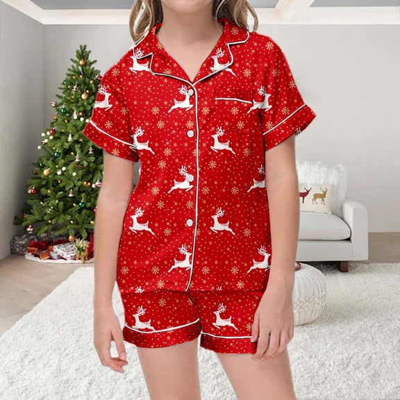 Kids Christmas Pajamas Kids Christmas Classic Print Button Down Collar Short Sleeve Top Shorts Pajama Set Christmas Pjs for Girls Blue