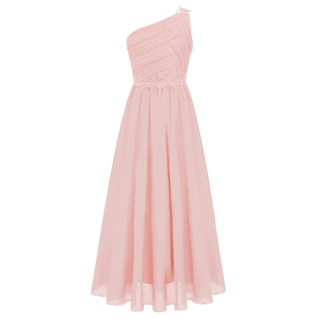 Aiihoo Robe de Demoiselle d'Honneur pour Enfants à une Épaule pour Mariage, Robe Maxi Froncée Ligne A, Longue Robe de Soirée Bal Rose 10