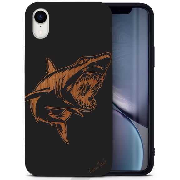 Wood phone case for iPhone XR compatible protective cell phone cover shockproof slim fit laser engraved Shark design Black wood case for Men & Women by CaseYard