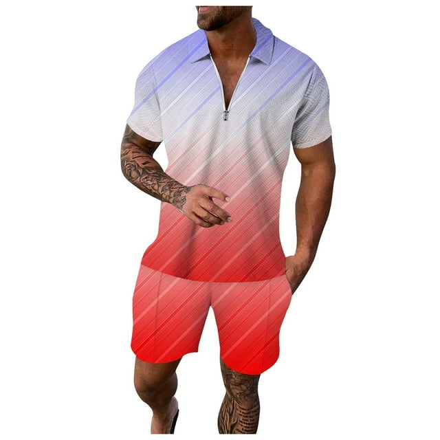HBFAGFB Sweat Suits for Men 2 Piece Gradient Quarter Zip Pullover Men Tops Trendy Shorts Red Size XL