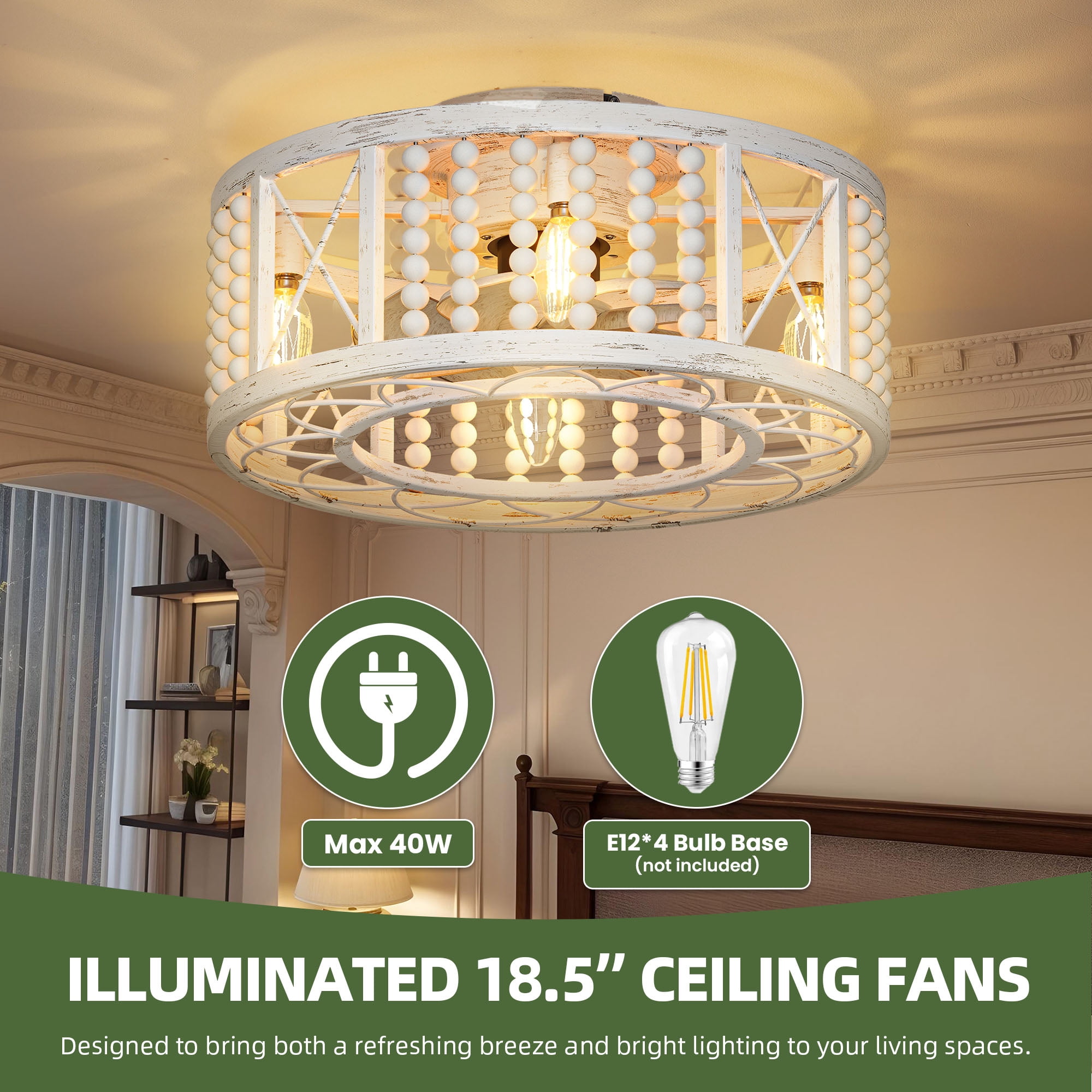 Uforic Hand-Crafted Vintage Ceiling Fan with Remote Control, 18.5" Diameter, No Bulb, Off-white