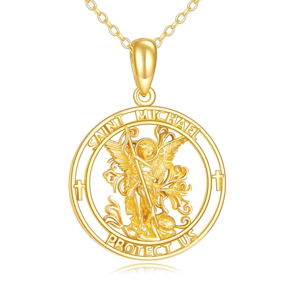 14K Solid Gold Saint Michael Necklace Patron Saint Pendant Real Yellow Gold Religious Jewelry Gifts for Women (St. Michel)