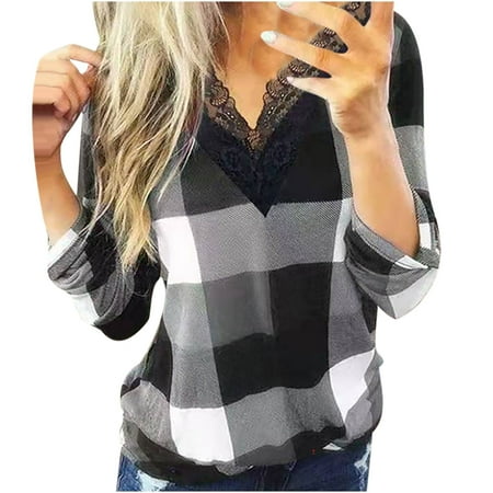 

Ichuanyi Womens Fall Tops Clearance Women Buttons V-Neck Lace Stitching Plaid Workout Long Sleeve Casual Blouse Pullovers Top