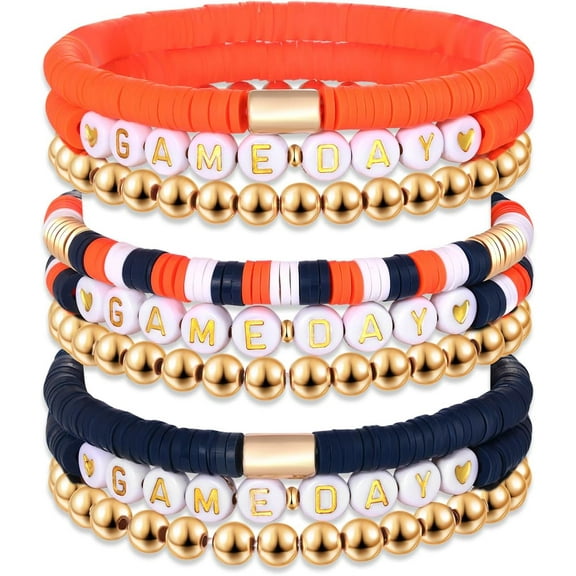 9 Pack Game Day Bracelets Stackable Heishi Beaded Stretchy Bracelet Preppy Jewelry Baseball Football Team Bracelets Sports Fan Accessories Gifts (Navy Orange)