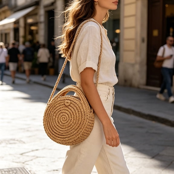 Womens Straw Round Handwoven Beach Bag,Woven Crossbody Shoulder Bags, Top Handle Satchel Handbag Purse for Summer Outdoor Daily Life (Light Brown)