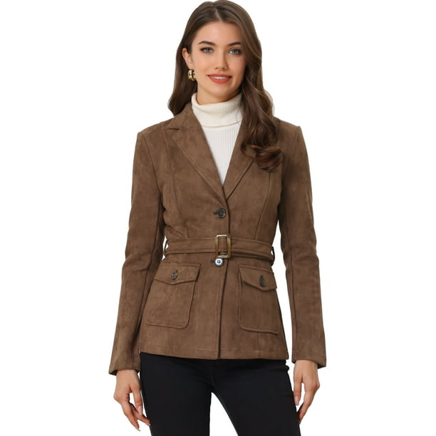 Blazer de gamuza sintética para mujer con cinturón de manga larga de un solo pecho Chaquetas de trabajo Outwear Coat Marrón Oscuro XS