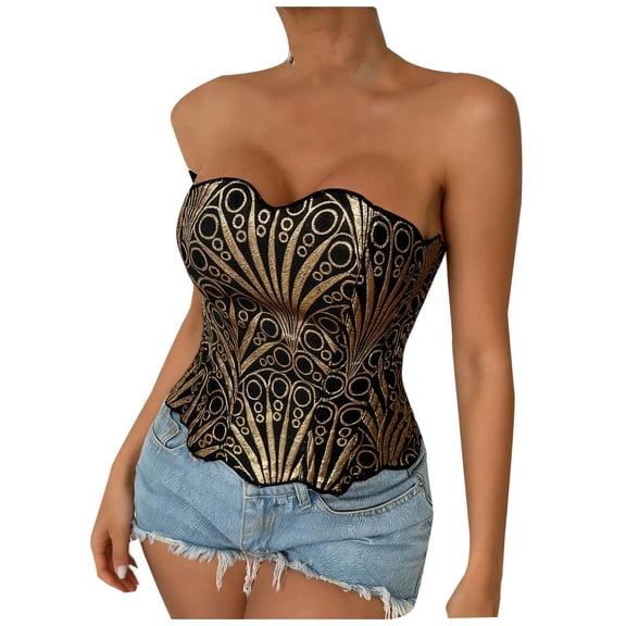 Women's Fashionable Corset Jacquard Strapless Overbust Bustier Vintage Boning Corset Top S