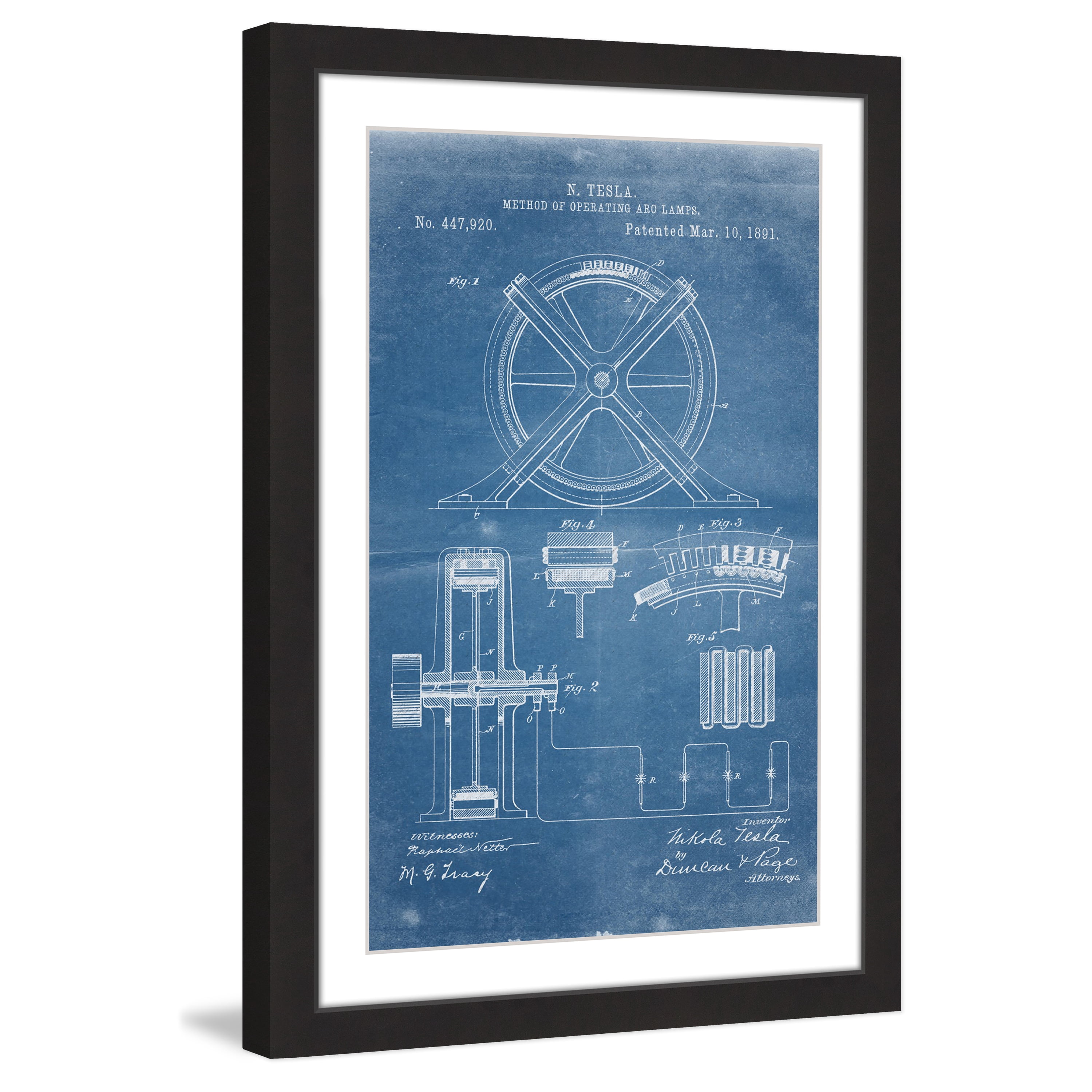 "Tesla Arc Lamp 1891 Blueprint" Framed Painting Print