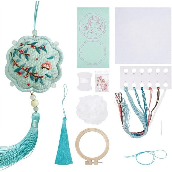 1 Set DIY Embroidery Flower Shape Sachet Pendant Decoration Kits Omamori Amulet with Tassel Embroidery Starter Kit Branch Pattern 2~180x2~165x0.4~9mm