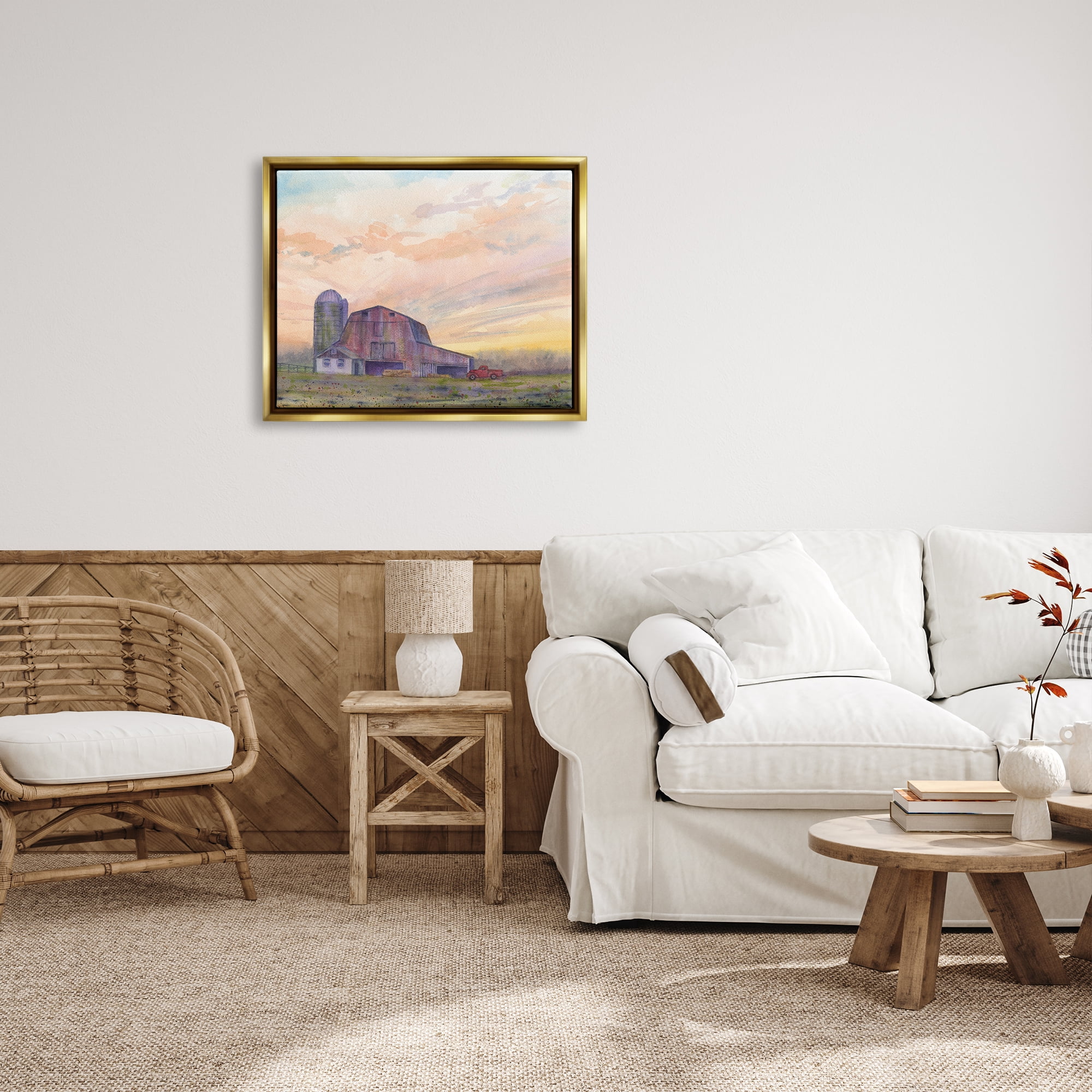 Stupell Industries Country Barn at Sunrise Nature Painting Gold Floater Framed Art Print Wall Art, 31 x 25