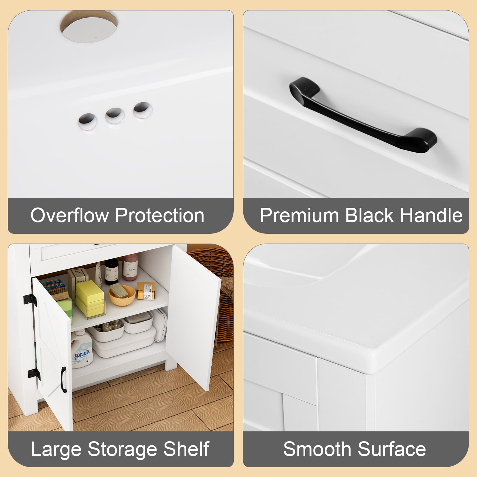 Yamissi 24" Freestanding Bathroom Vanity with Ceramic Sink, Storage Cabinet with 2 Soft Closing Doors, Modern White