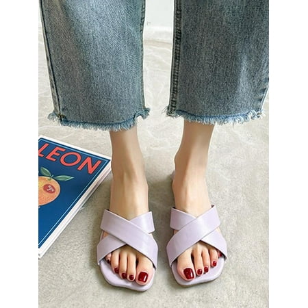 

Topumt Women s Square Open Toe Leather Cross Strap Slides Sandals Slip On Slipper