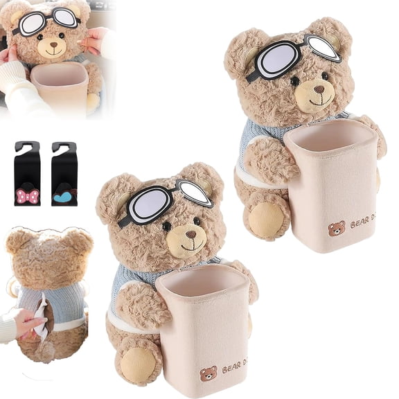 Cute Bear Tissue Holder and Trash Can, Soft Plush Car Tissue Box, 2 in 1 Automotive Storage Box, Cartoon Garbage Can, Multifunctional Animal Paper Box for Car and Home