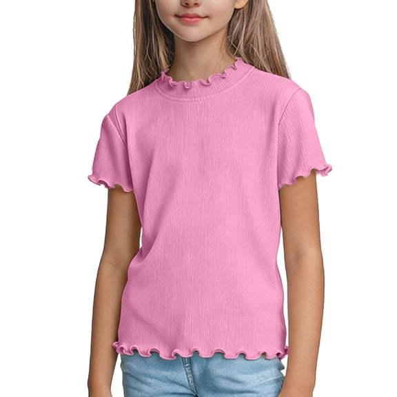 Cethrio Girls T Shirts, Ruffled Short Sleeve Crew Neck Casual Summer Tops Pink Size 7-8