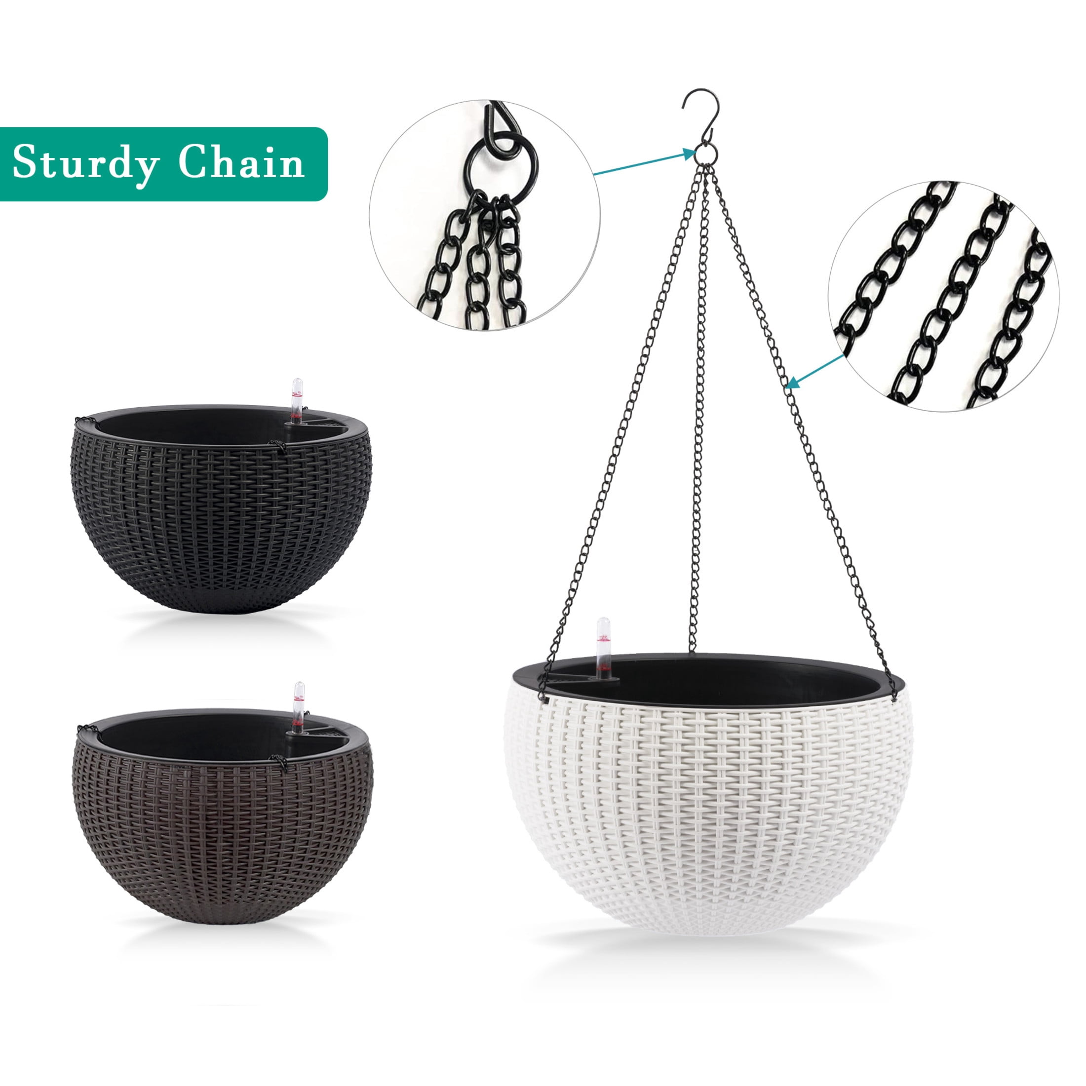 Noble House 2 Pack 13.4" Self-Watering Hanging Planters, Rattan-Style Flower Pots, White