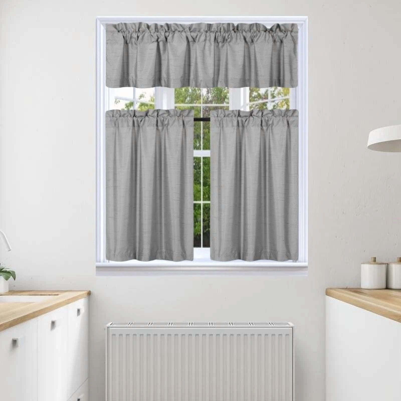 Gorgeous Home Linen 3-Piece Faux Silk Blackout Kitchen Curtain Set, Silver K4