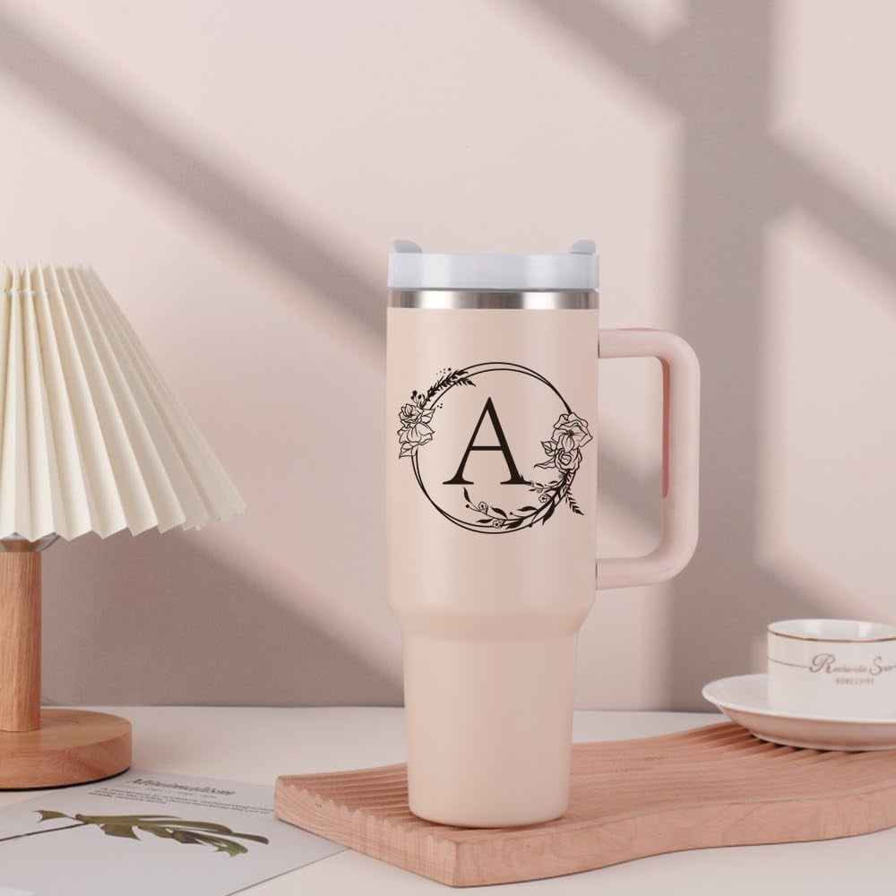 Personalized 40oz Tumbler Cup with Initials.Cup with Letter A 40oz Tumbler with Handle.Custom Tumbler Cup with Letter.Initial Monogram Tumbler Mug Gifts for Women Birthday Christmas.