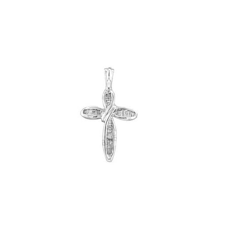 - 10kt White Gold Womens Baguette Diamond Cross Religious Pendant 1/4 Cttw