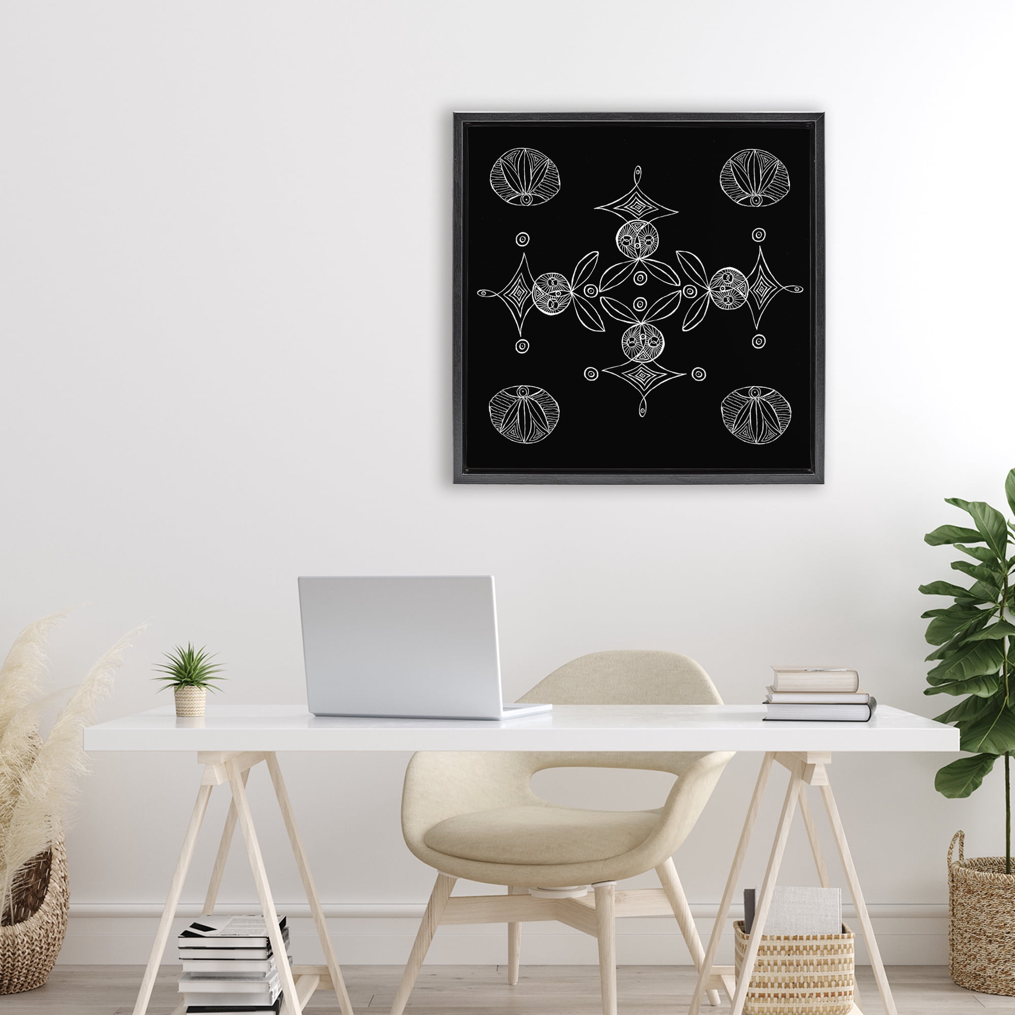 Stupell Industries Simple Monochrome Fractals Black Framed Floater Canvas Wall Art, design by El Perkin