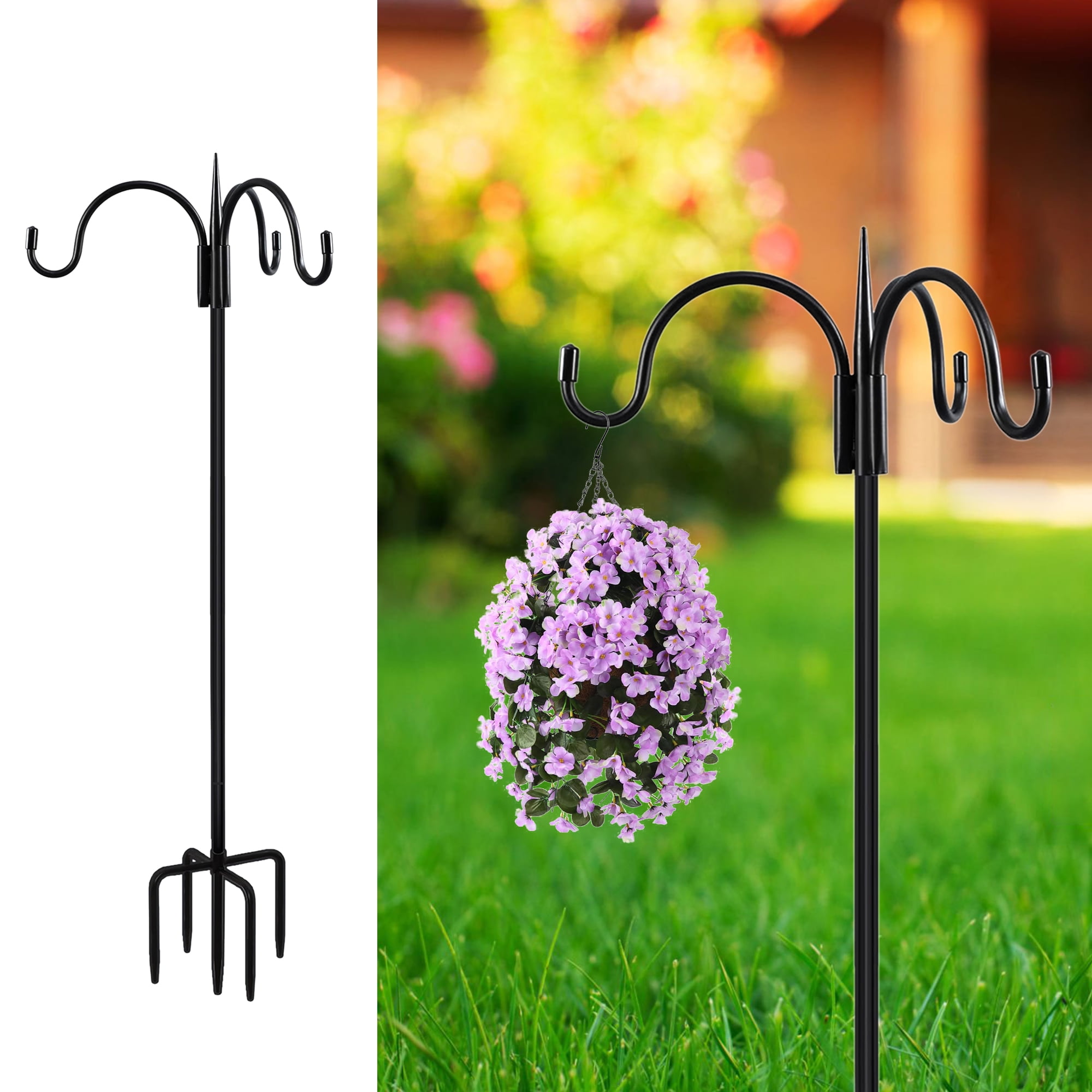 76 Inch Three Shepherd Hooks for Outdoor,Bird Feeder Pole with 5 Prong Base, Adjustable Shepard Hooks for Hanging Plant, Solar Lanterns, Wind Chimes, 2 Pack