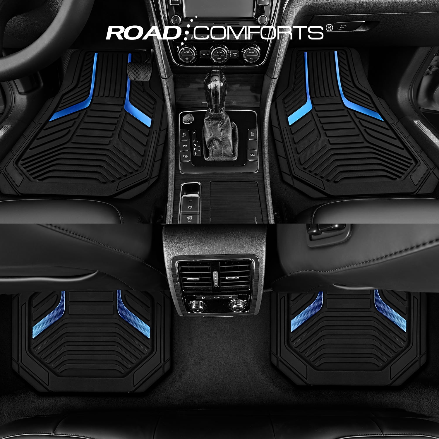 Road Comforts Heavy Duty Rubber Floor Mats Blue Aluminum Film Car Mats Set, Front and Rear Car Mats