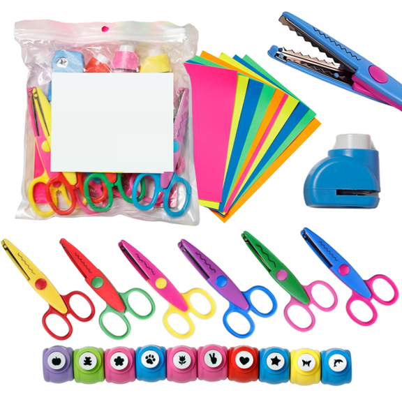 Craft Scissors with Decorative Edge, 26 Piece Crafting Set, 6 Scissors 10 Pieces Shape Hole Punchers & 10 Colorful Pieces of Paper