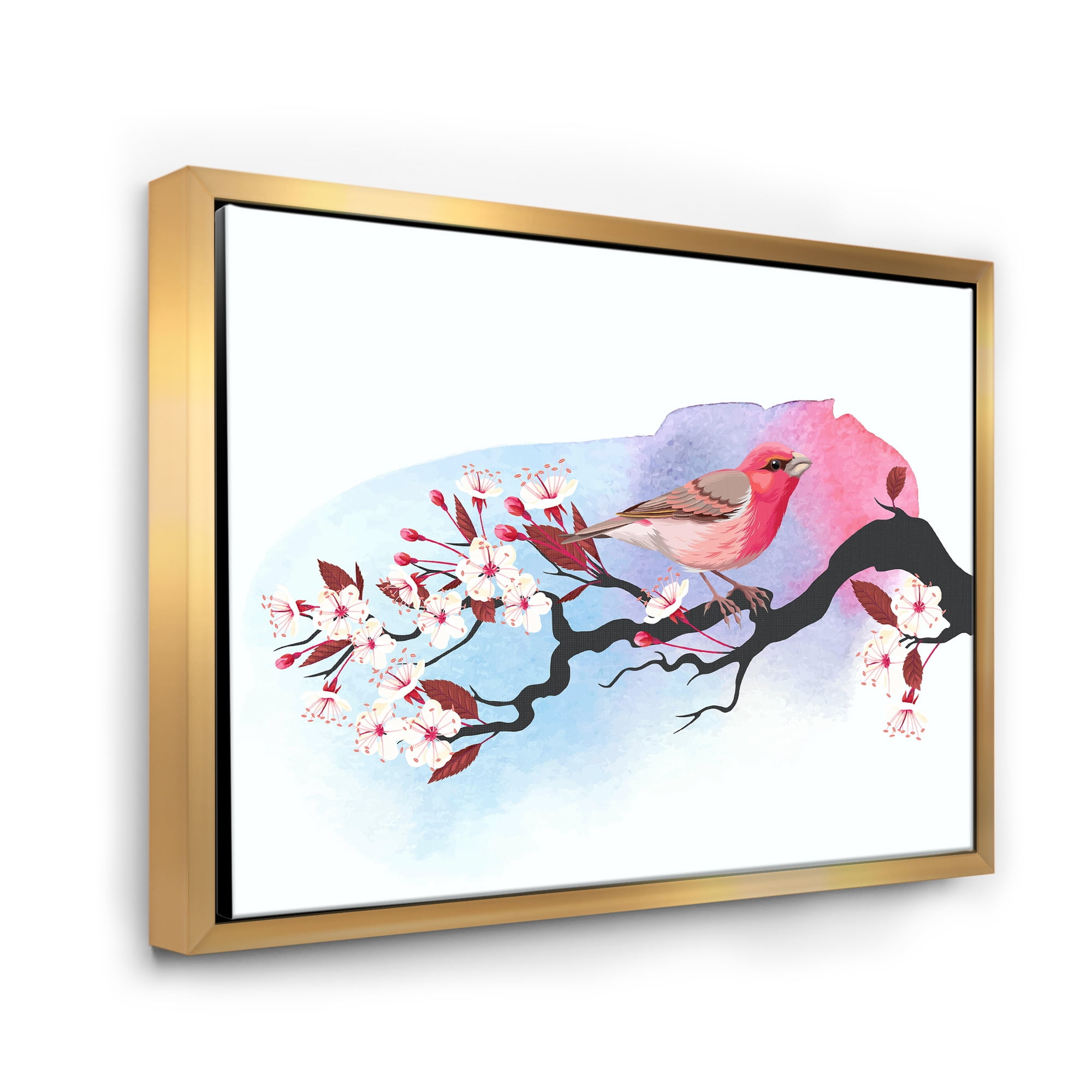 Designart 'Pink Bird Sitting On Cherry Branch' Traditional Framed Canvas Wall Art Print