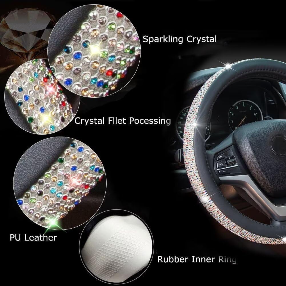 New Diamond Leather Steering Wheel Cover with Bling Bling Crystal Rhinestones, Universal Fit 15 Inch Car Wheel Protector for Women Girls Black with Colorful Diamonds
