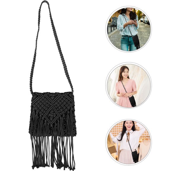TABLZONE Versatile Black Woven Crossbody Bag with Tassel Detail for Beach and Vacation