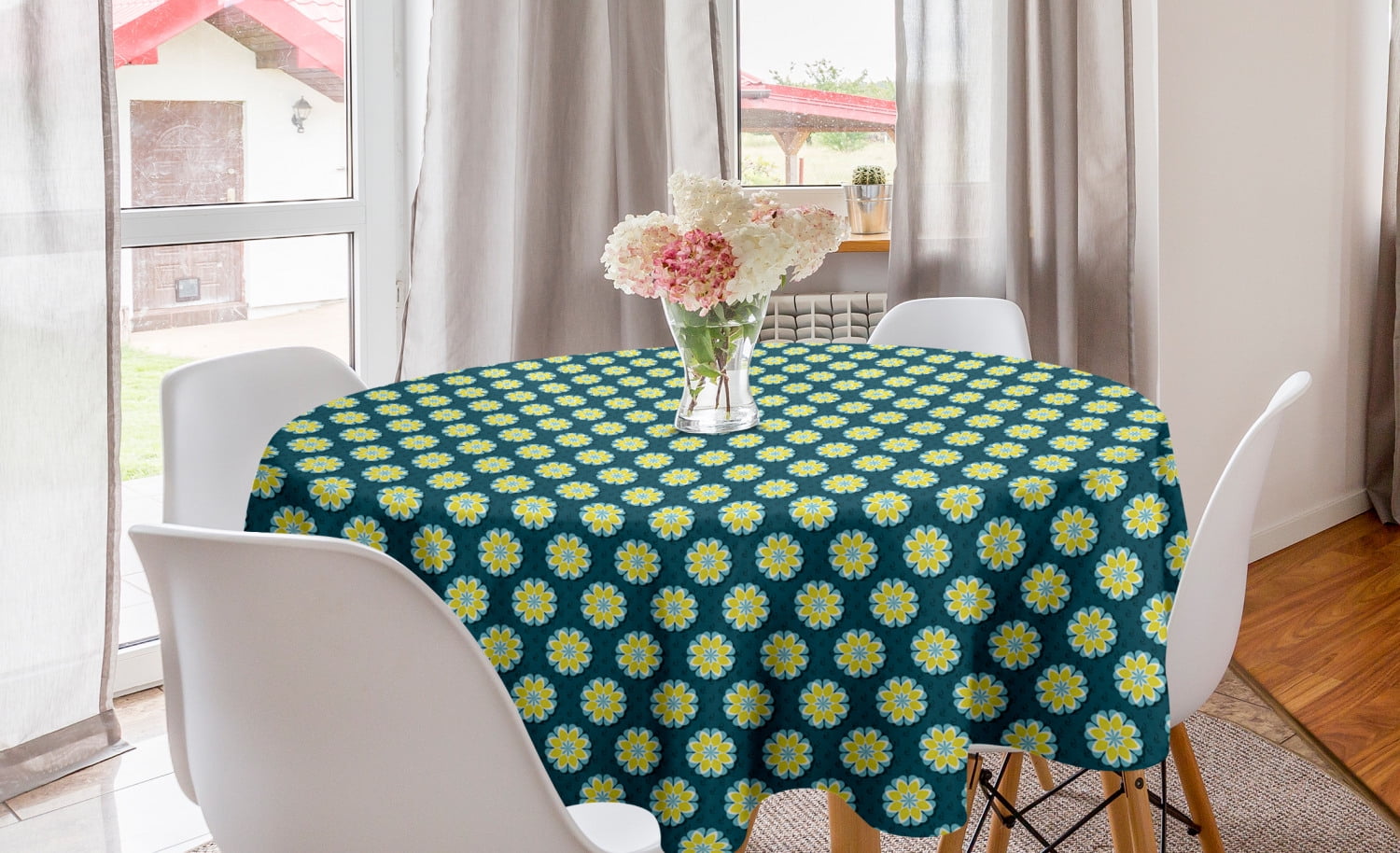 Floral Round Tablecloth, Repetitive Spring Season Flowers Round Retro Ornaments Flourishing