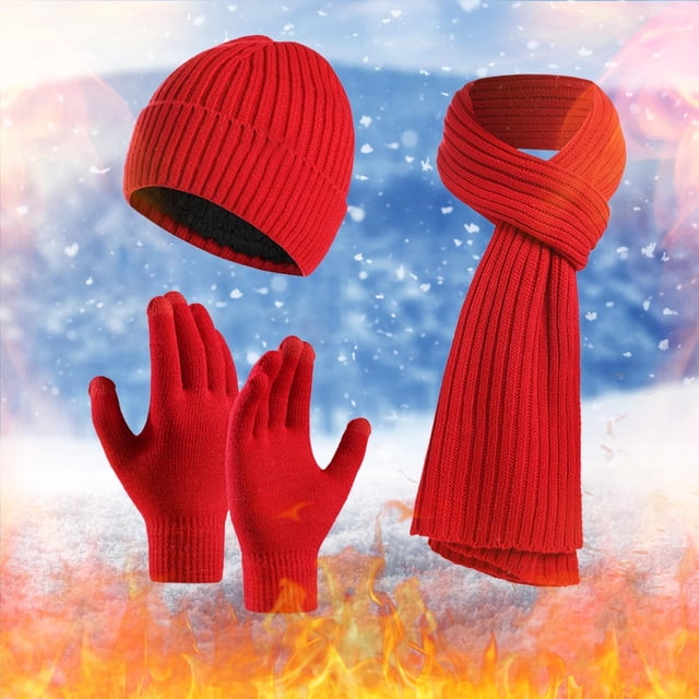 Solid Color Winter Knit Set, Cuffed Beanie with Thick Scarf and Gloves, 3-Piece Fleece Lined Set, Cold Weather Accessories, Matching Gift Set Red