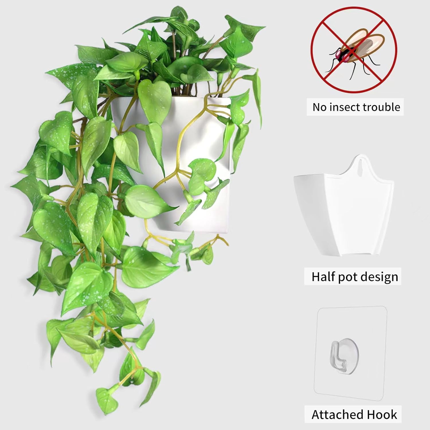 Artificial Hanging Potted Plants Set of 2, Fake Eucalyptus Vine Plant with Half Pot Planters, Medium Faux Greenery for Wall Home Room Indoor Outdoor Decor