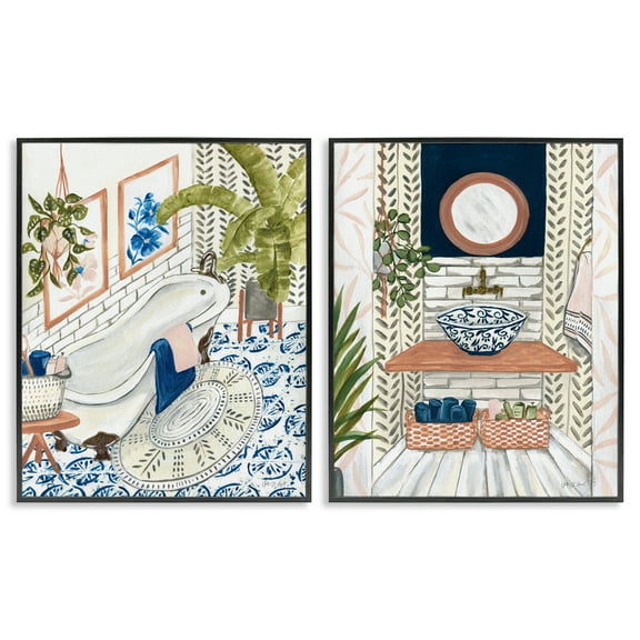 Stupell Industries Boho Chic Bathroom Bath & Laundry Painting Black Framed Art Print Wall Art, 11 x 14, Set of 2