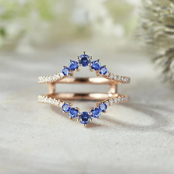Unique Blue Sapphire Double Curved Wedding Band in 14K Rose Gold Vermeil – Vintage Diamond Cluster Ring Enhancer