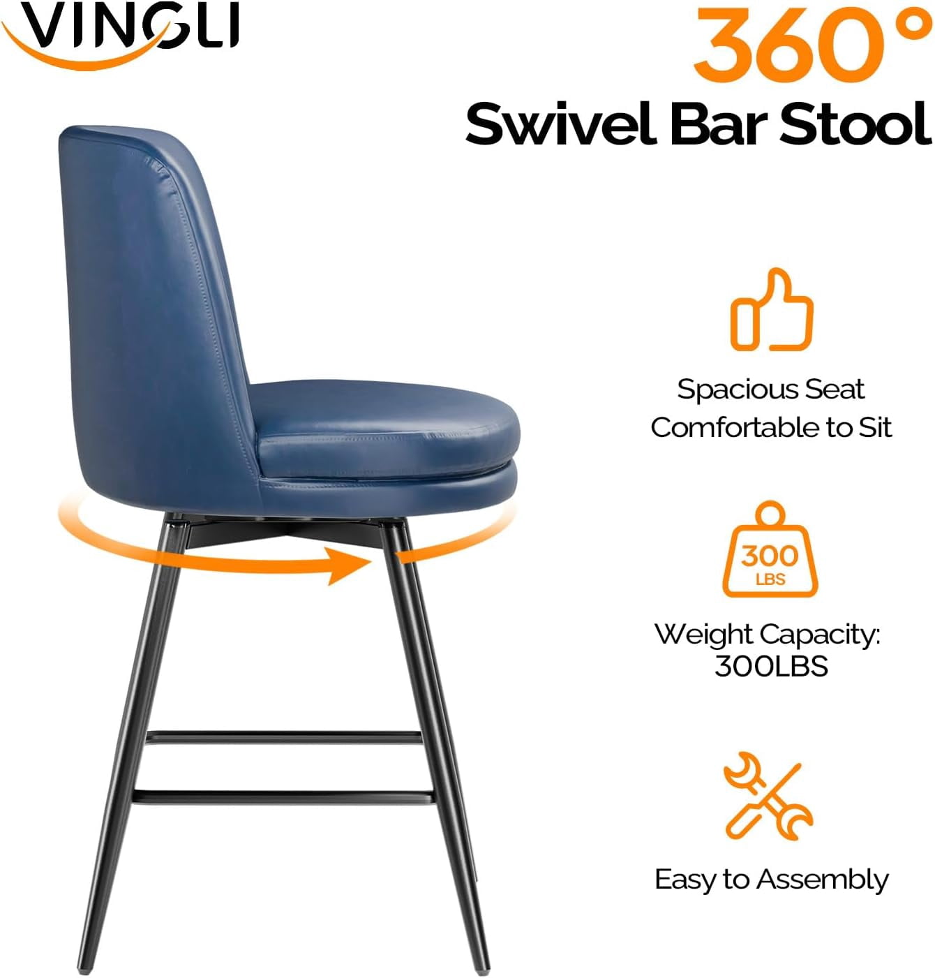 VINGLI 26" H Swivel Barstools Set of 2, PU Faux Leather Upholstered Counter Height Bar Stool with Back, Kitchen High Chairs with Cushion Round Seat, Metal Legs, White