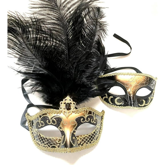 MASQ Masquerade Feather Mask Pair Dress up Birthday Halloween Cosplay Party Prom Wedding Dance Anniversary Wear