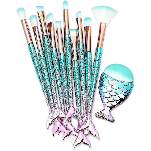 Juego de 11 brochas de maquillaje con mango de cola de pez de colores, ideal para base, cejas, delineador, rubor, corrector, para mujeres y niñas.