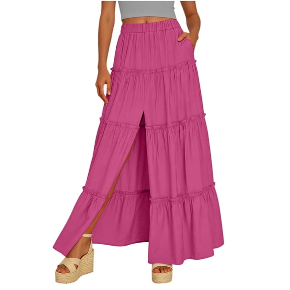 Womens Causal Flowy Skirt Summer Midi Skirts Boho Midi Skirt Hot Pink XL